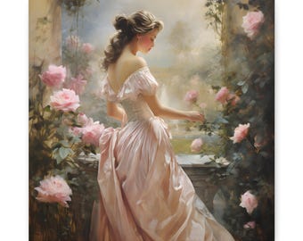 Victorian Woman & Rose Garden Art Print: Elegant Living Room Decor