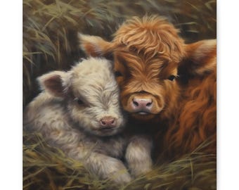 Baby Highland Calves Canvas Print Baby Calf Nursery Wall Art Highland Cows Art Print Baby&#39;s Room Wall Art Highland Baby Wall Art Nursery