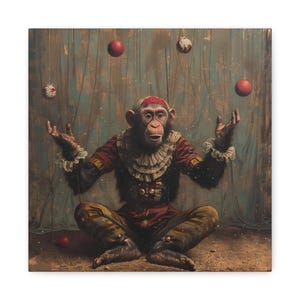 Victorian Circus Monkey Canvas Print: Vintage Juggling Animal Wall Art