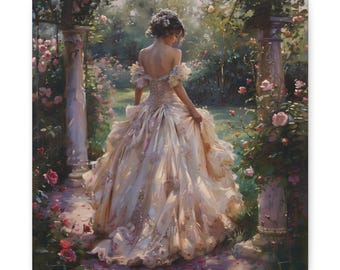 Victorian Rose Garden Canvas Print: Romantic Woman, Pink Floral Art