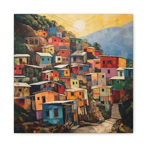 Colorful Haitian Hillside Wall Art Abstract Mountainside Art Vibrant Colors Wall Art Haitian Homes Wall Art Colorful Hillside Shanty Town