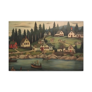 Folk Art Style Landscape Print Wall Art Small Town Print Naïve Wall Art Digital Painting Print Primitive Style Folk Art Vintage Farmhouse