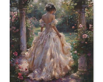 Victorian Rose Garden Canvas Print: Romantic Woman, Pink Floral Art
