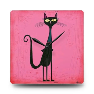 Pop Art Cat Wall Clock Pink & Black Wall Clock Black Cat Clock Pop-Art Wall Clock Quirky Cat Clock Retro Style Cat Wall Clock Pink and Black