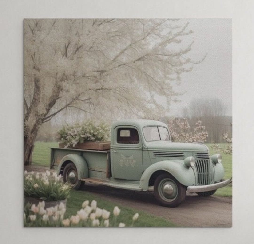 Farmhouse Green Antique Truck Print Farmhouse Wall Art Charming Truck ...