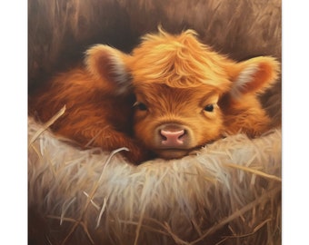 Baby Highland Canvas Print Baby Calf Nursery Wall Art Highland Calf Art Print Baby&#39;s Room Wall Art Highland Cow Canvas Print Farm Wall Art
