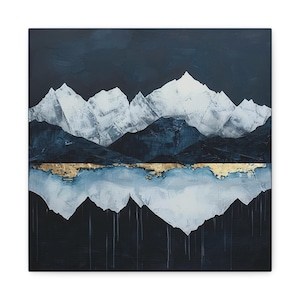 Modern Mountains Art Print Blue & Gold Wall Art Blue Mountains Canvas Print Abstract Mountain Art Modern Blue Wall Art Mountains Canvas Art