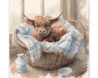 Highland Cow Baby Calf Art Print Nursery Wall Décor Baby Highland Calf in Basket Artwork Adorable Nursery Highland Cow Art Print Calf Baby