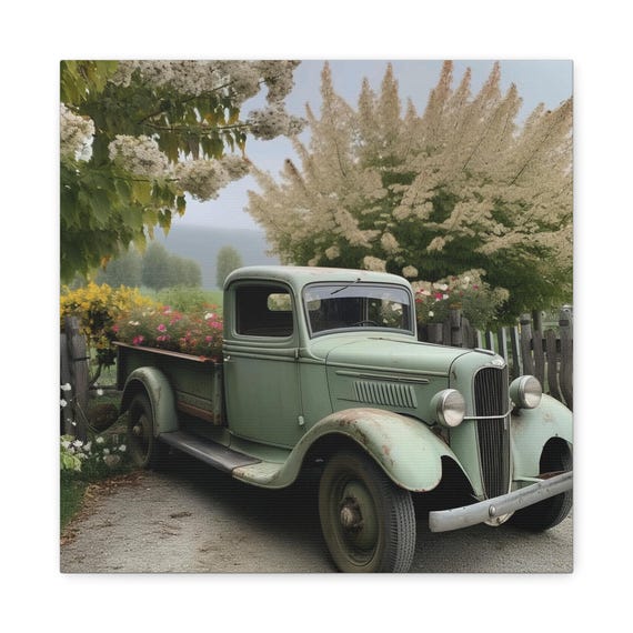 Antique Green Truck Canvas Print: Farmhouse Floral Wall Art - Etsy