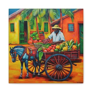 Haitian Fruit Cart Canvas Print: Colorful Donkey Art
