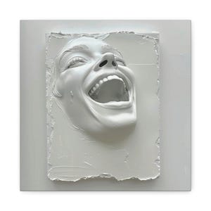 Toile d&#39;art visage qui rit : impression portrait blanc moderne