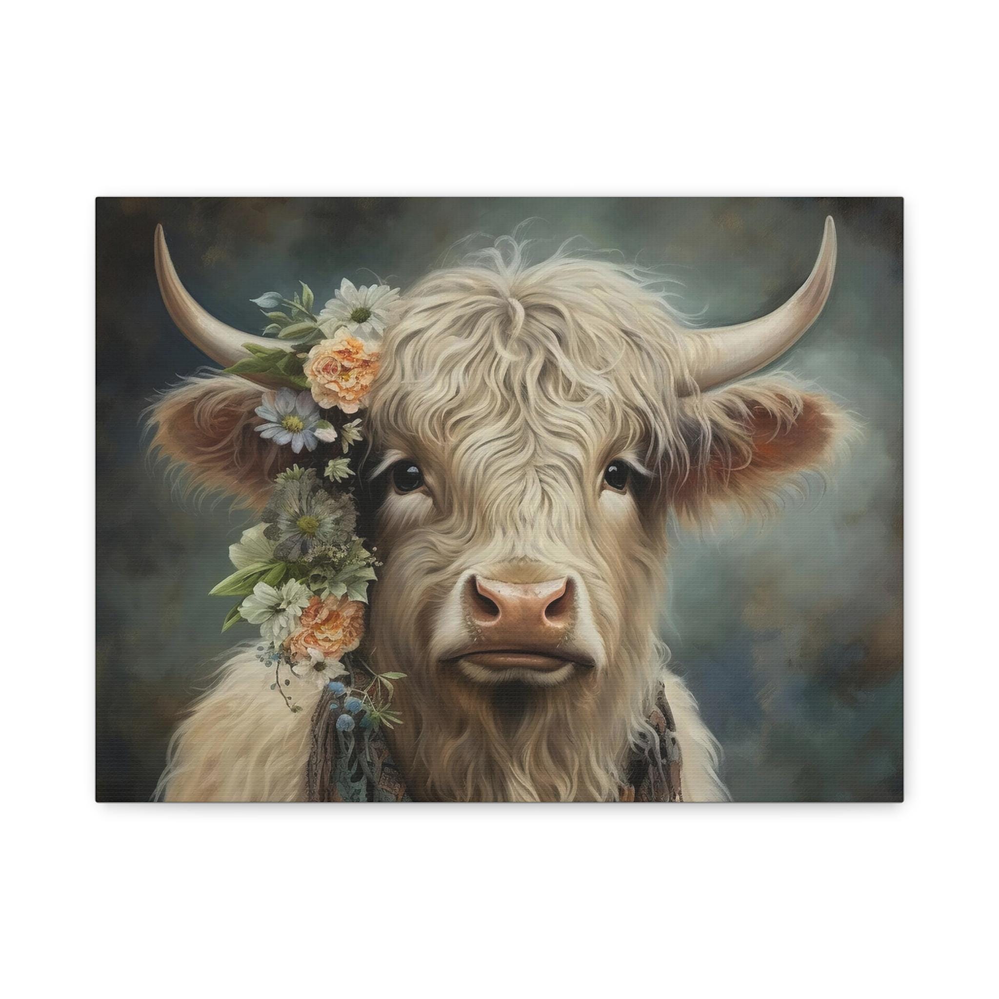White Highland Cow Canvas Print Farm Animal Art Print Pretty Highland Cow Wall Art Highland Cow w/ Spring Flowers Feminine Highland Cow