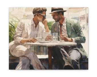 Gay Couple Watercolor Art Print: Coffee Shop Canvas Wall Art