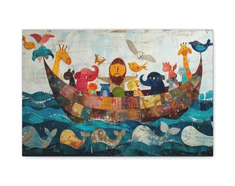 Noah's Ark Canvas Print: Colorful Animals, Kids Room Wall Art
