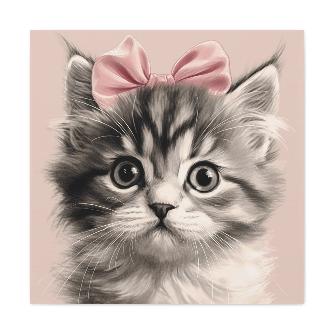 Kitten & Pink Bow Nursery Wall Art Baby Kitten Art Print Pink Bow Cat