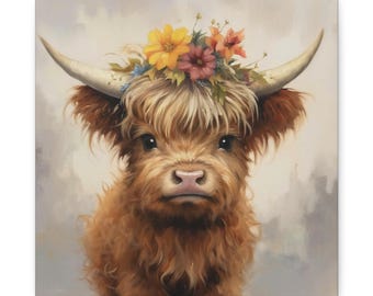 Baby Highland Art Print Cute Farm Animal Cow Calf Baby Nursery Wall Art Canvas Print Flowers Baby&#39;s Room Wall Decor Farm Theme Highland Cow