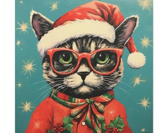 Pop Art Christmas Cat Art Print Holiday Wall Art Cool Cat Christmas Art Print Kitty Cat Holiday Art Modern Hipster Christmas Cat Canvas Art