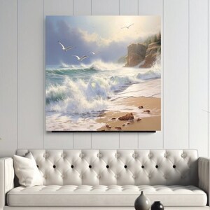 Dramatic Beach Waves Print Natural Ocean Beachside Artwork Painting Print Beach Crashing Waves Artwork Ocean Waves Wall Print Beach Artwork