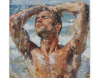Gay Interest Wall Art Man at the Beach Wall Print Beefcake Canvas Attractive Gay Male Artwork Man in Surf Wall Art Gay Male Canvas Art Print