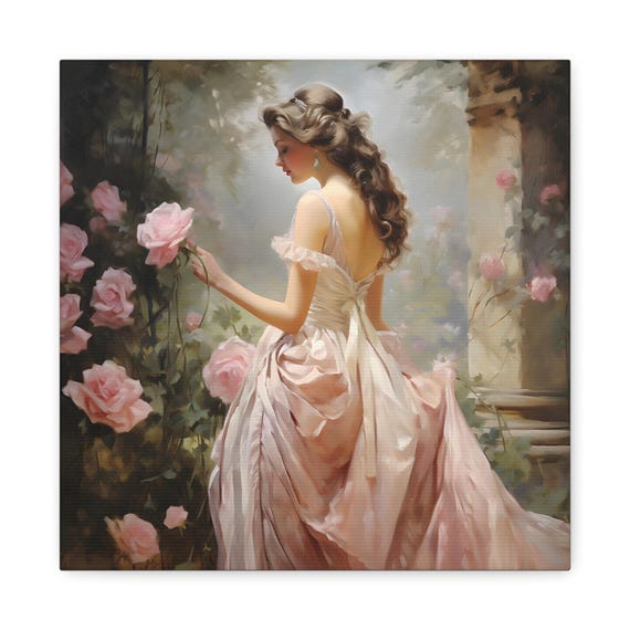 Victorian Woman in Rose Garden Art Print: Elegant Floral Canvas Wall Art