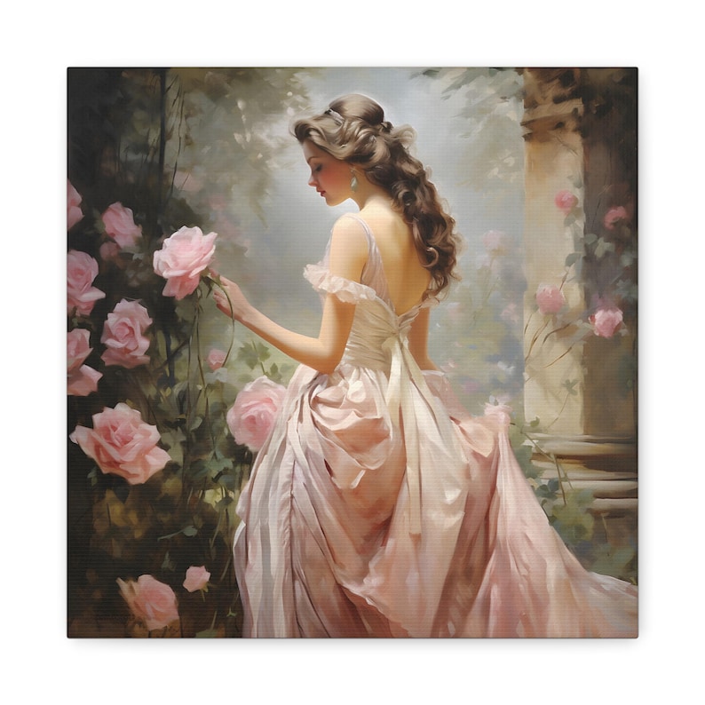Victorian Woman in Rose Garden Art Print: Elegant Floral Canvas Wall Art image 1