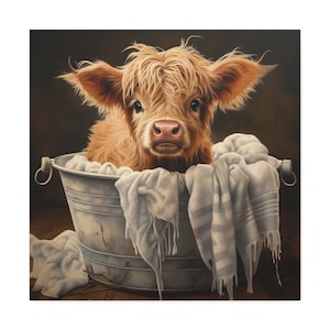 Highland Cow Baby Art Print Nursery Wall Décor Baby Highland Calf in Wash Tub Wall Art Baby Nursery Highland Cow Art Print Adorable Calf