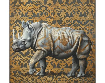 Rokoko Nashorn Leinwand Druck Hollywood Regency Wand Kunst Gold Verzierungen Einzigartige Dschungel Tier Wand Kunst Golden Rhino Canvas Print Art