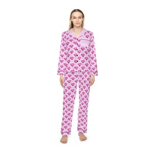 Cactus Rose on Soft Pink Women&#39;s Satin Pajamas - Cute Heart Print, Cozy Lounge Wear, Perfect Gift for Valentine&#39;s Day, Birthday or Wedding