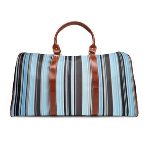 Mid-Century Blue Stripes Travel Bag, Retro Waterproof Tote, Vintage Weekender Duffel, Nautical Luggage, Beach Vacation Carry-On