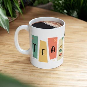Tea Time Modern Cat with Clock Midcentury Modern Ceramic Mug 11oz