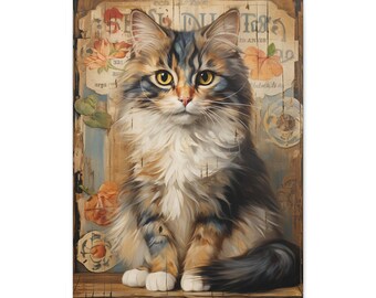 Whimsical Cat Canvas Art Print, Vintage Style Pet Portrait (18"x24")