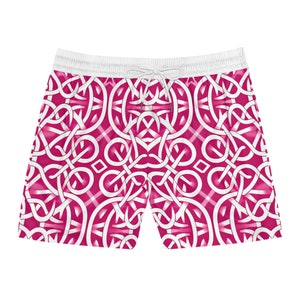 Celtic Wave Swim Trunks / Pink and White / Celtic Knot Waves/Tribal/ Men&#39;s Mid-Length Swim Shorts (AOP)