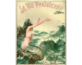 Vintage La Vie Parisienne Mermaid Art Print, Coastal Wall Decor