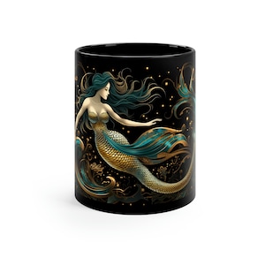 Art Deco/ Mermaid/ on Coffee or Tea Mug / 11oz Black Mug