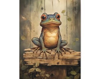 Stampa su tela raffigurante una rana stravagante, decorazione murale rustica e naturale (18x24)