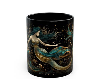 Art Deco/ Mermaid/ on Coffee or Tea Mug / 11oz Black Mug
