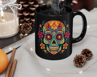 Colorful Skull Coffee Mug, Floral Skull Cup, Day of the Dead Drinkware, Unique Halloween Gift, Dia De Los Muertos