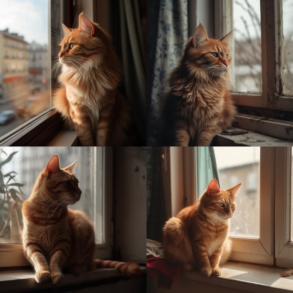Realistic Ginger Cat Sitting on Window Digital Bundle - Instant Download - Illustrative Digital Series