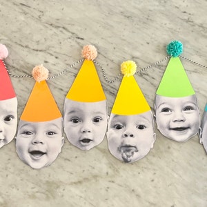 Rainbow Custom Face Banner, Pom Pom Party Hats