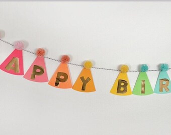 Happy Birthday Banner, Rainbow Party Hats with Pom Poms
