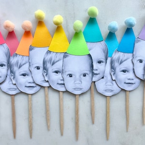 Cupcake Toppers, Custom Face, Pom Pom Party Hats