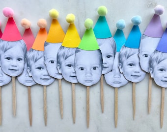 Cupcake Toppers, Custom Face, Pom Pom Party Hats