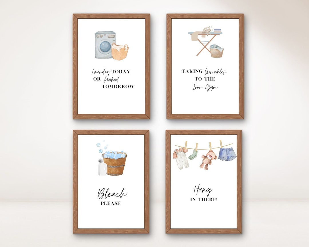 Laundry Digital Art Decor, Laundry Room 4 Print Set, Bathroom Wall