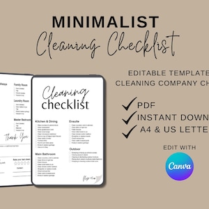 May include: A minimalist cleaning checklist template with the words "Cleaning Checklist" in a stylish font. The template includes sections for various rooms and areas, such as the kitchen, bedrooms, and bathrooms. The template is available as a PDF for instant download in A4 and US Letter sizes.