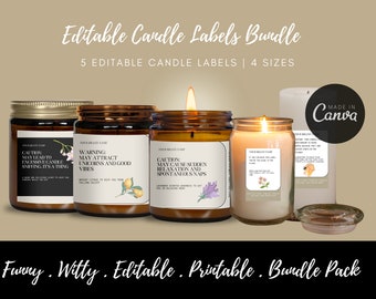 Paquete de etiquetas divertidas para velas: pegatinas personalizadas DIY, plantilla de Canva (descarga digital)