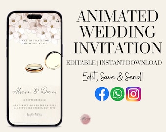 May include: Animated wedding invitation template on a smartphone screen. The template features a floral design with white flowers and gold wedding rings. The text reads "Save the Date for the Wedding of Alicia & Oscar" and includes the date, time, and location of the wedding. The text "Edit, Save & Send!" is also included.