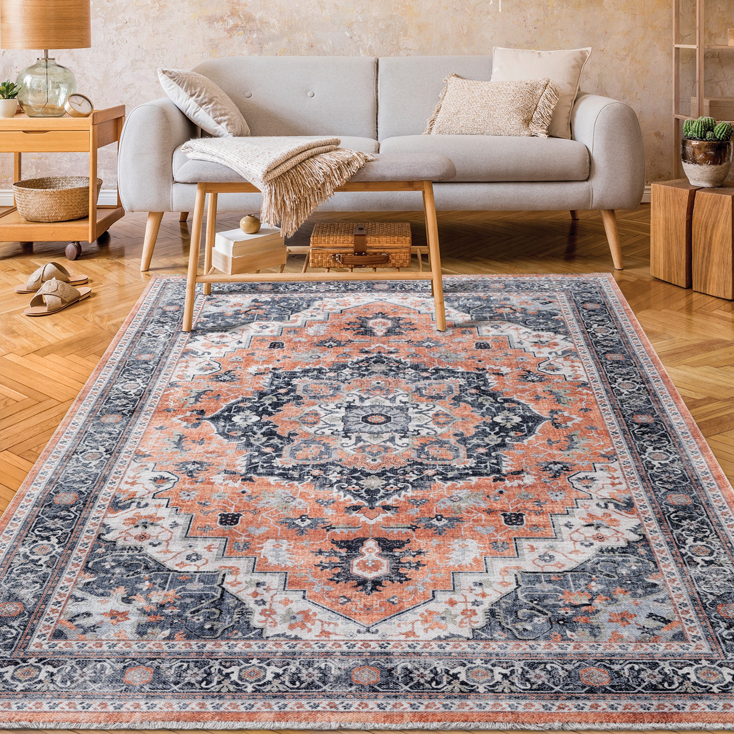 Area Rugs for Living Room: 8x10 Rug for Bedroom Machine Washable with Non  Slip Backing Non Shedding, Boho Medallion Floral Large Carpet for Dining