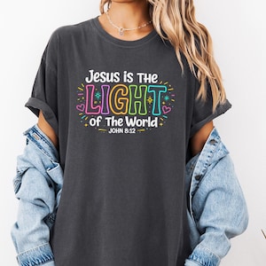 Comfort Colors Jesus Is The Light Shirt, Colorful Neon Christian Graphic Tee, John 8 12 Scripture Quote Top, Bible Verse Shirt