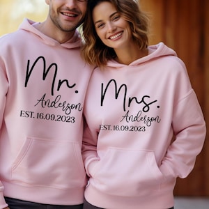 Personalized Mr and Mrs Hoodie, Matching Couples Hoodie, Custom Wifey and Hubby, Bride and Groom Est, Just Married Hoodie, Honeymoon Gift