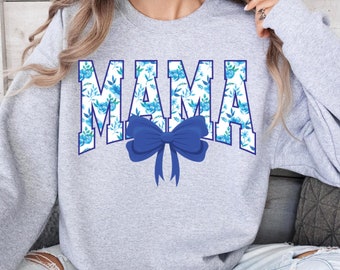 Floral Mama Sweatshirt: Light Blue Flower Lettering, Coquette Bow